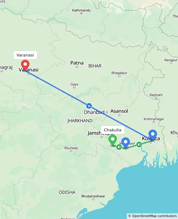 Route map showing distance and travel time from Chakulia, India to Varanasi, India