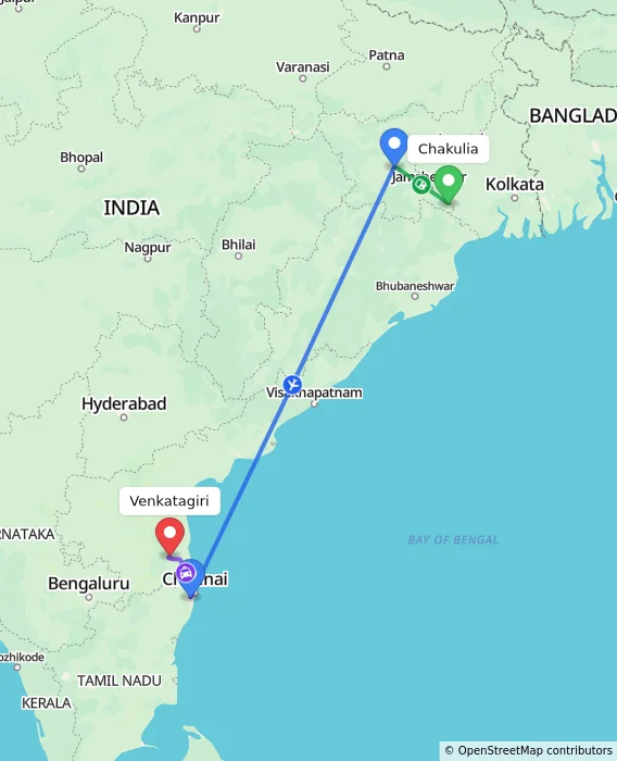 Route map showing distance and travel time from Chakulia, India to Venkatagiri, India