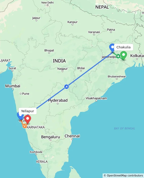 Route map showing distance and travel time from Chakulia, India to Yellapur, India