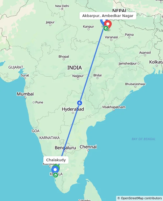 Route map showing distance and travel time from Chalakudy, India to Akbarpur, Ambedkar Nagar, India