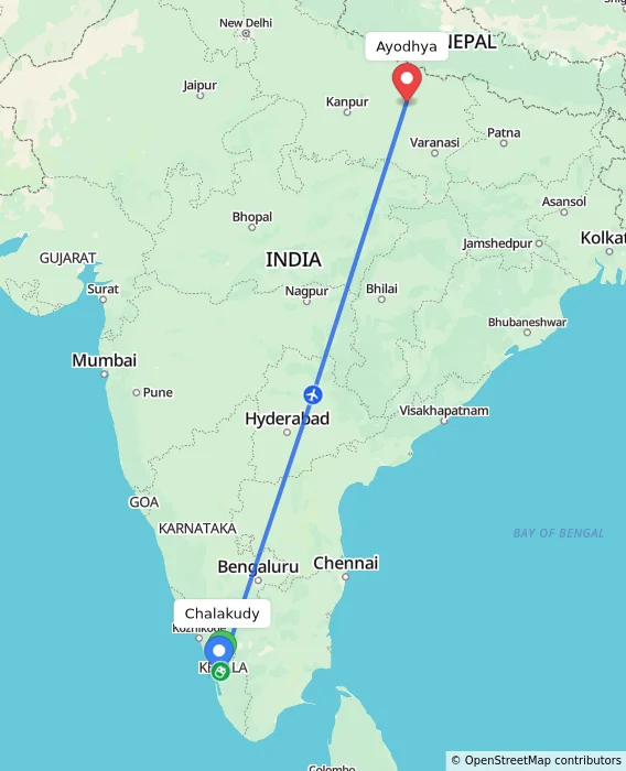 Route map showing distance and travel time from Chalakudy, India to Ayodhya, India