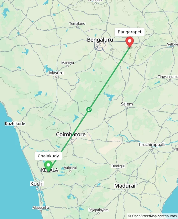 Route map showing distance and travel time from Chalakudy, India to Bangarapet, India