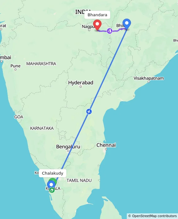 Route map showing distance and travel time from Chalakudy, India to Bhandara, India