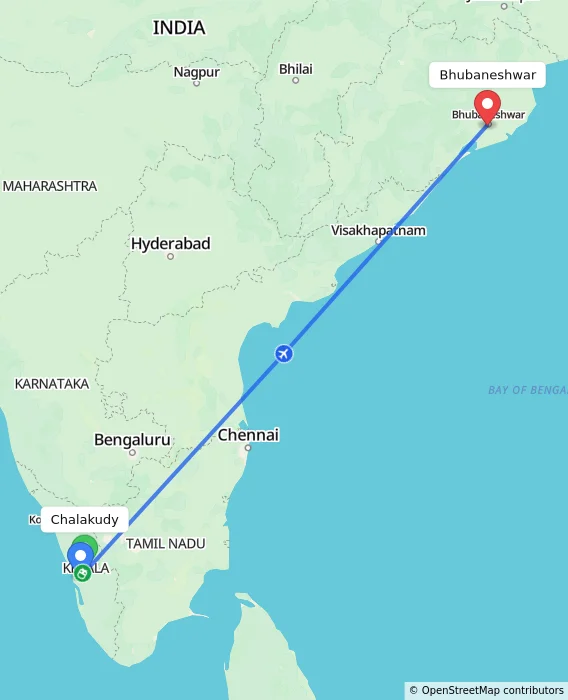 Route map showing distance and travel time from Chalakudy, India to Bhubaneshwar, India