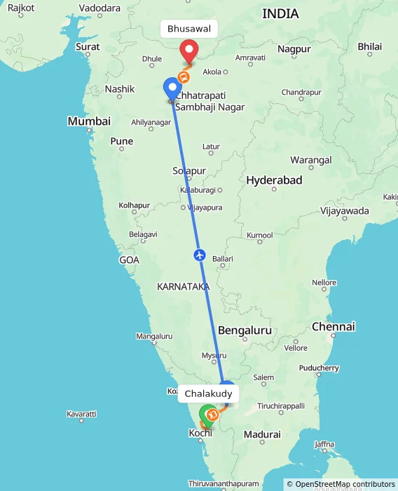 Route map showing distance and travel time from Chalakudy, India to Bhusawal, India