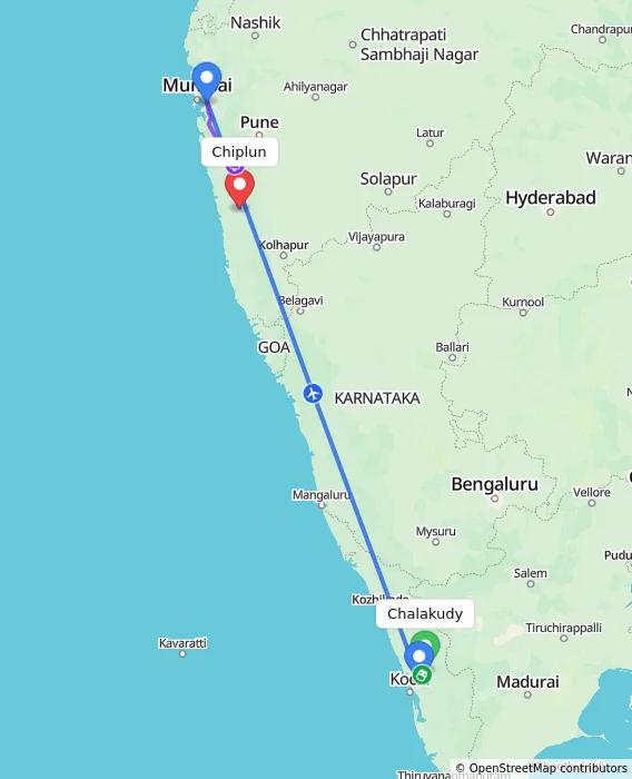 Route map showing distance and travel time from Chalakudy, India to Chiplun, India