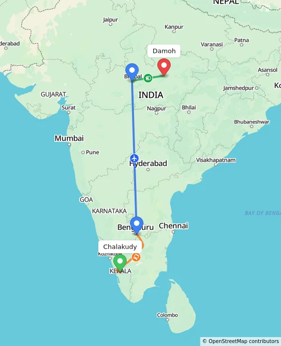 Route map showing distance and travel time from Chalakudy, India to Damoh, India