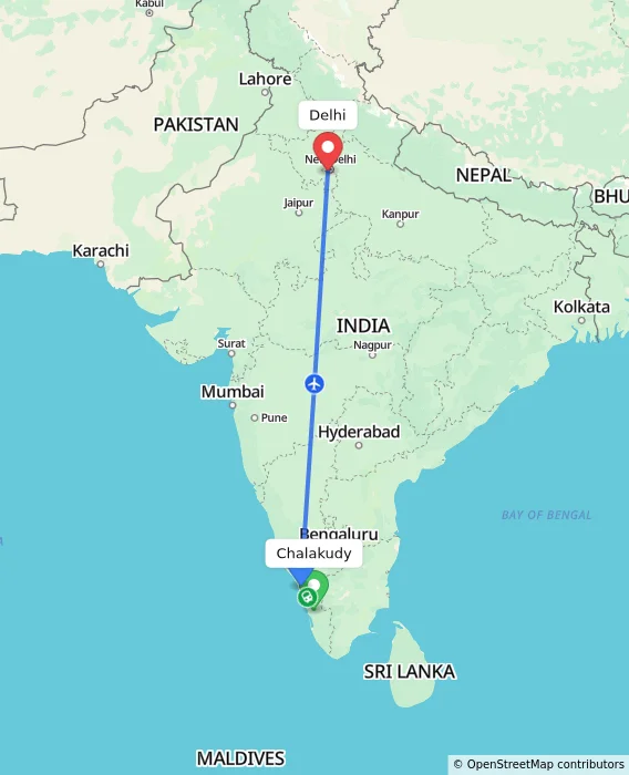 Route map showing distance and travel time from Chalakudy, India to Delhi, India