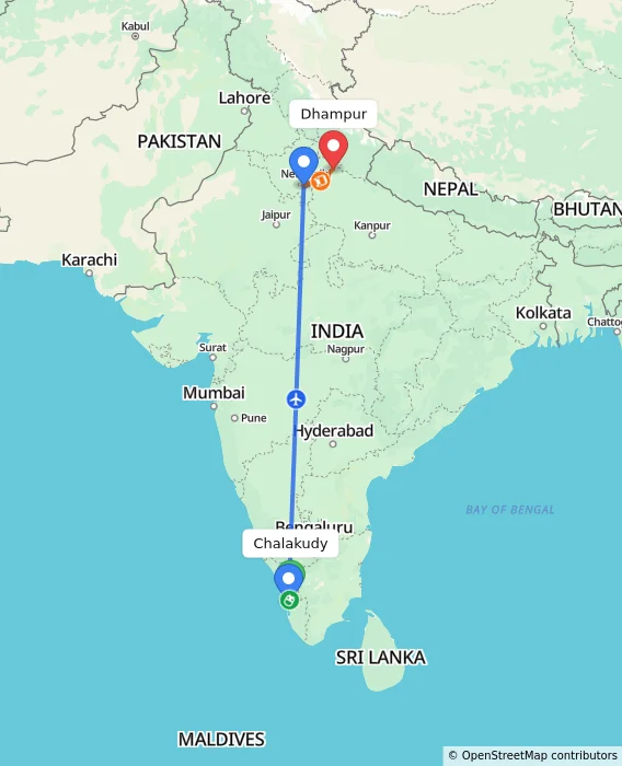 Route map showing distance and travel time from Chalakudy, India to Dhampur, India