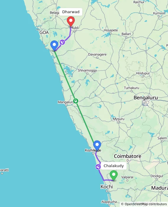 Route map showing distance and travel time from Chalakudy, India to Dharwad, India