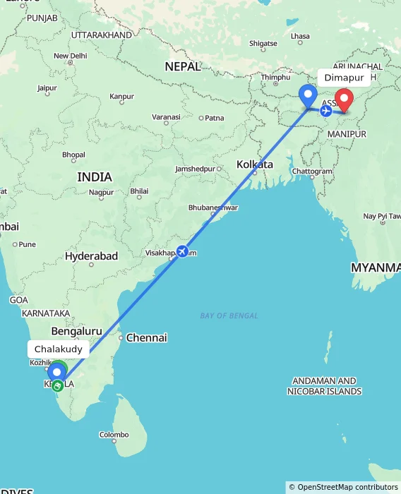 Route map showing distance and travel time from Chalakudy, India to Dimapur, India
