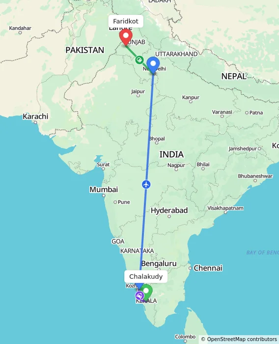 Route map showing distance and travel time from Chalakudy, India to Faridkot, India
