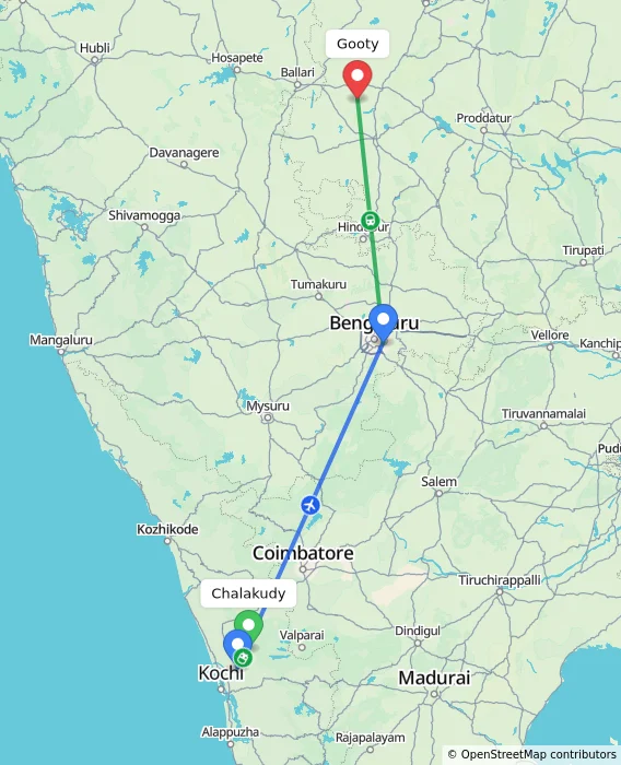 Route map showing distance and travel time from Chalakudy, India to Gooty, India