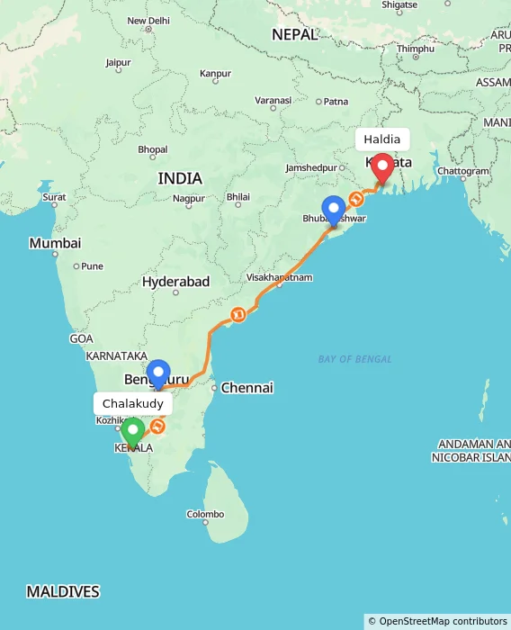 Route map showing distance and travel time from Chalakudy, India to Haldia, India
