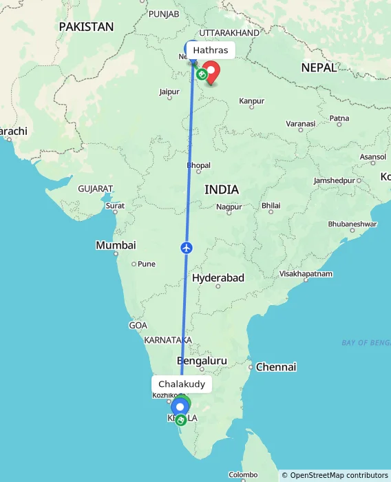 Route map showing distance and travel time from Chalakudy, India to Hathras, India