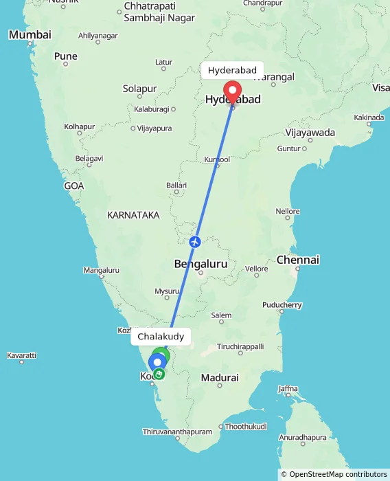 Route map showing distance and travel time from Chalakudy, India to Hyderabad, India