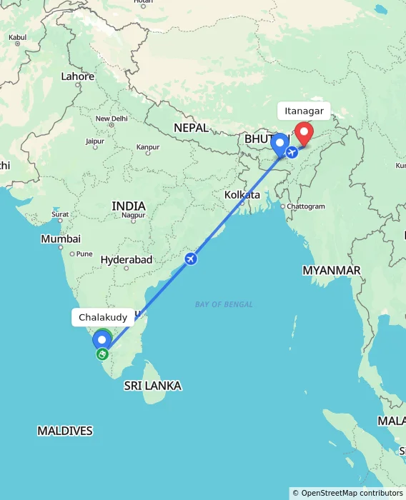 Route map showing distance and travel time from Chalakudy, India to Itanagar, India