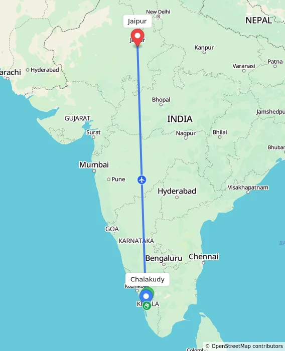 Route map showing distance and travel time from Chalakudy, India to Jaipur, India