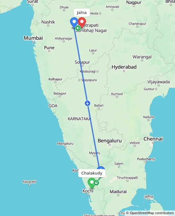Route map showing distance and travel time from Chalakudy, India to Jalna, India