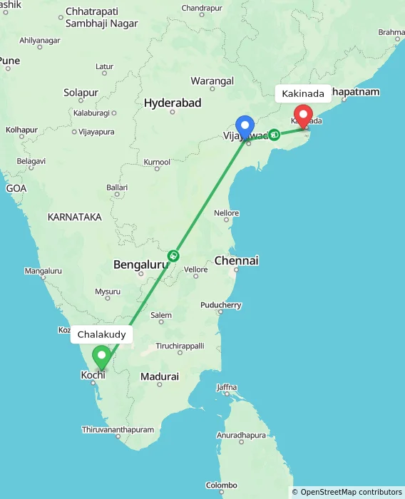 Route map showing distance and travel time from Chalakudy, India to Kakinada, India