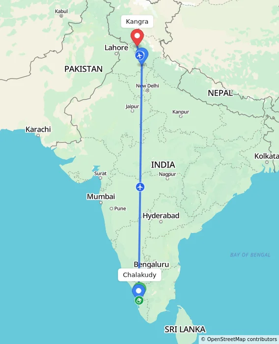 Route map showing distance and travel time from Chalakudy, India to Kangra, India