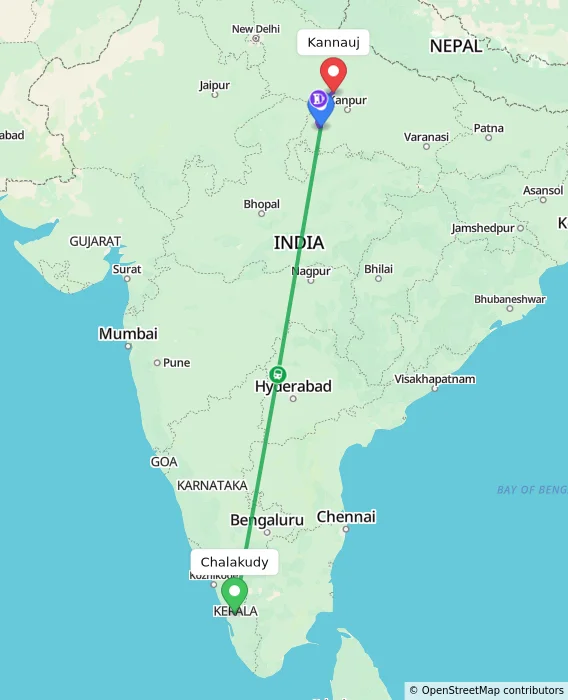 Route map showing distance and travel time from Chalakudy, India to Kannauj, India