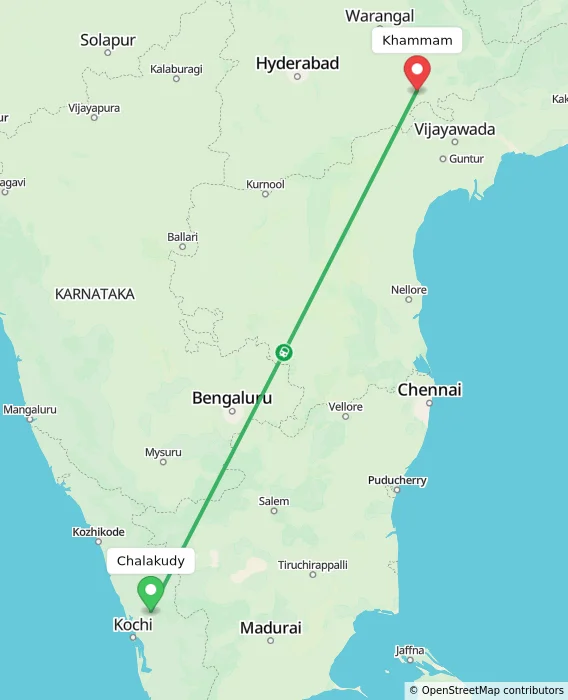 Route map showing distance and travel time from Chalakudy, India to Khammam, India