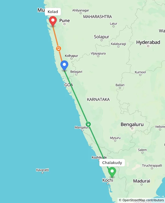 Route map showing distance and travel time from Chalakudy, India to Kolad, India