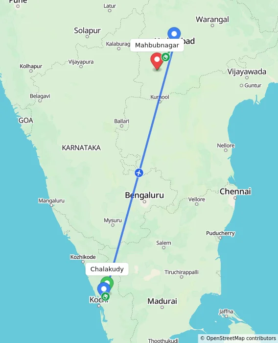 Route map showing distance and travel time from Chalakudy, India to Mahbubnagar, India