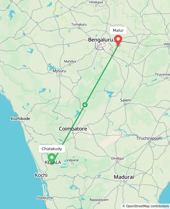 Route map showing distance and travel time from Chalakudy, India to Malur, India