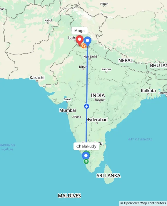 Route map showing distance and travel time from Chalakudy, India to Moga, India