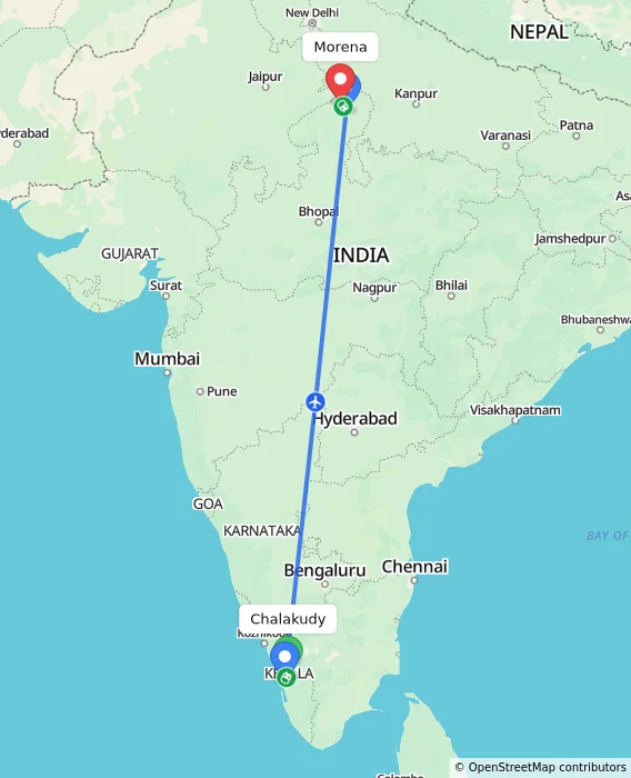 Route map showing distance and travel time from Chalakudy, India to Morena, India