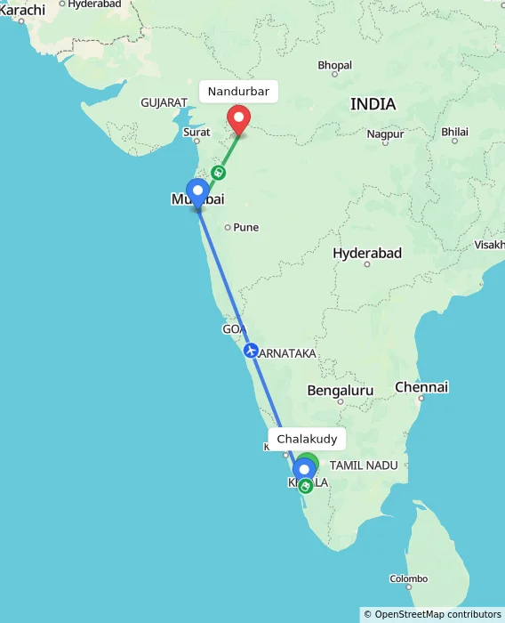 Route map showing distance and travel time from Chalakudy, India to Nandurbar, India