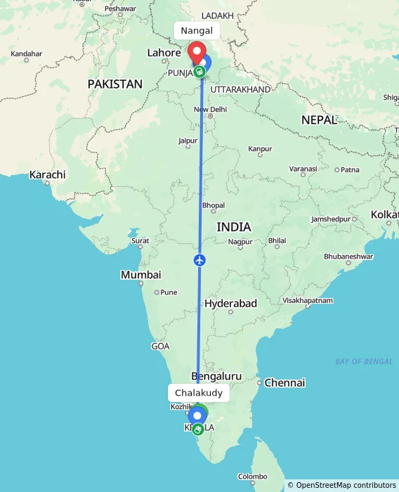 Route map showing distance and travel time from Chalakudy, India to Nangal, India
