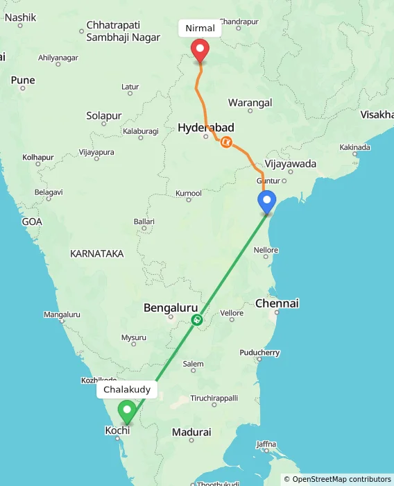 Route map showing distance and travel time from Chalakudy, India to Nirmal, India