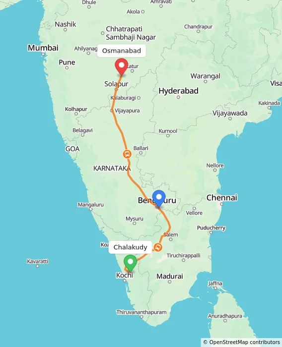 Route map showing distance and travel time from Chalakudy, India to Osmanabad, India