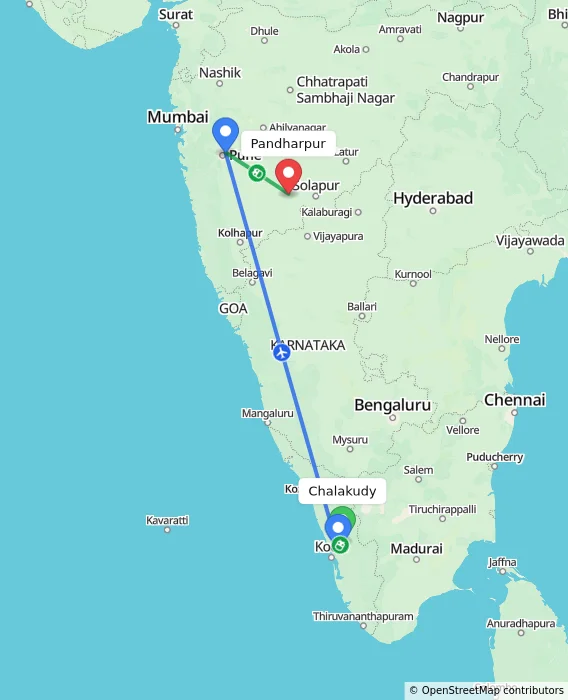 Route map showing distance and travel time from Chalakudy, India to Pandharpur, India