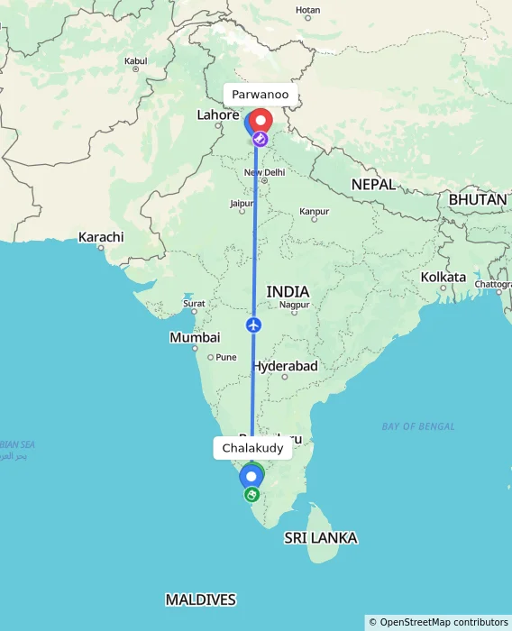 Route map showing distance and travel time from Chalakudy, India to Parwanoo, India