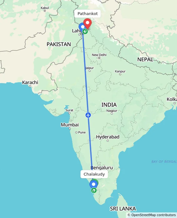 Route map showing distance and travel time from Chalakudy, India to Pathankot, India