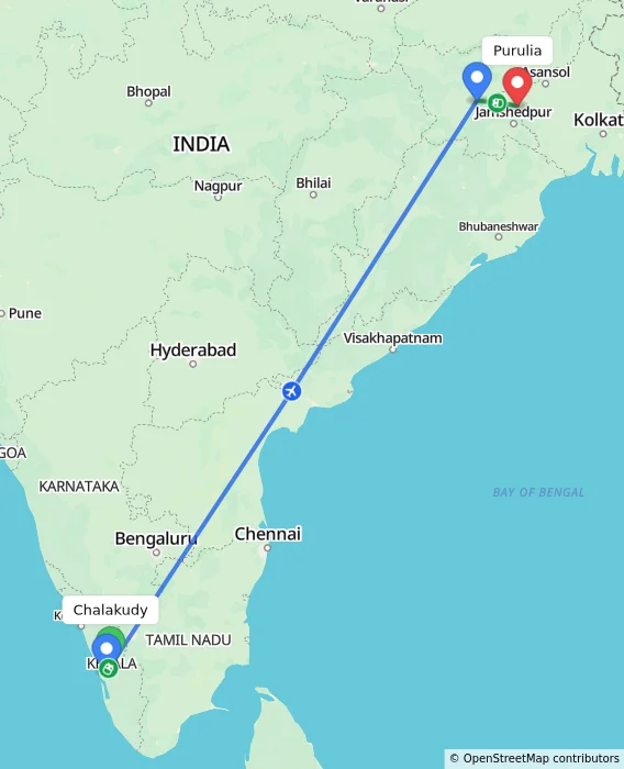 Route map showing distance and travel time from Chalakudy, India to Purulia, India