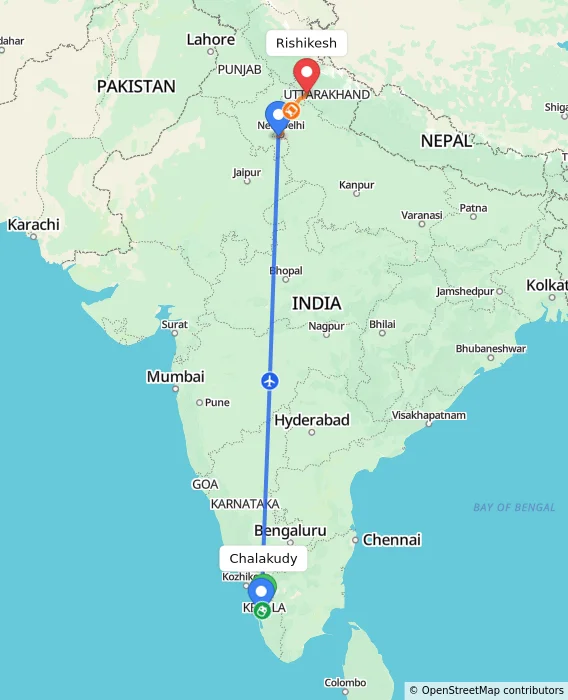 Route map showing distance and travel time from Chalakudy, India to Rishikesh, India