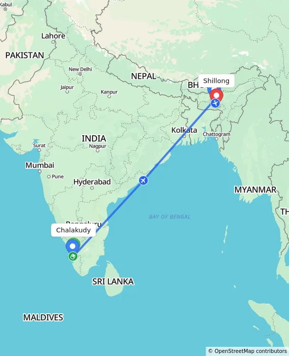 Route map showing distance and travel time from Chalakudy, India to Shillong, India