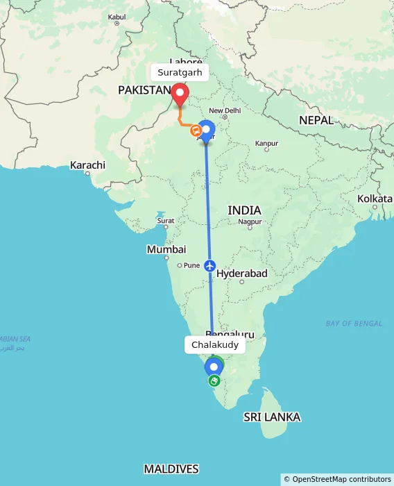 Route map showing distance and travel time from Chalakudy, India to Suratgarh, India