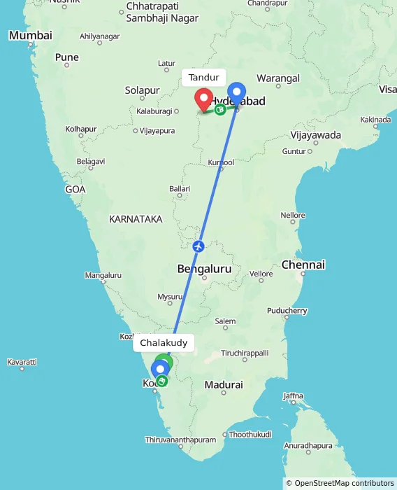Route map showing distance and travel time from Chalakudy, India to Tandur, India