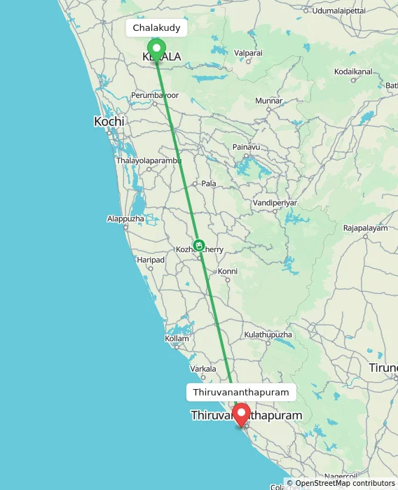 Route map showing distance and travel time from Chalakudy, India to Thiruvananthapuram, India
