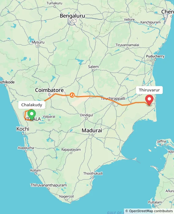 Route map showing distance and travel time from Chalakudy, India to Thiruvarur, India
