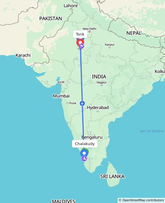 Route map showing distance and travel time from Chalakudy, India to Tonk, India