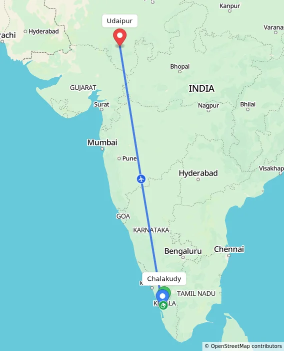 Route map showing distance and travel time from Chalakudy, India to Udaipur, India
