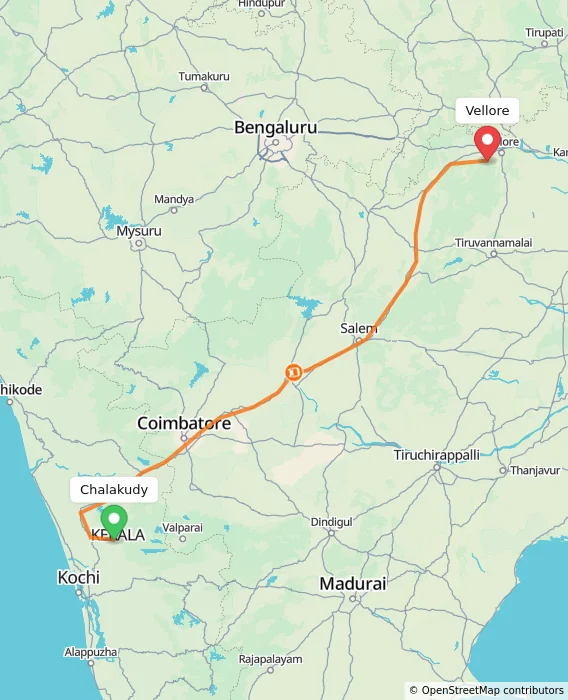 Route map showing distance and travel time from Chalakudy, India to Vellore, India