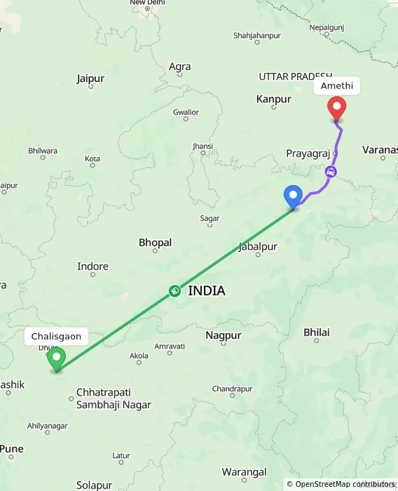 Route map showing distance and travel time from Chalisgaon, India to Amethi, India